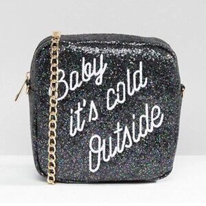 NWOT "Baby It's Cold Outside" Holiday Bag - Black Glitter w/ Gold Chain